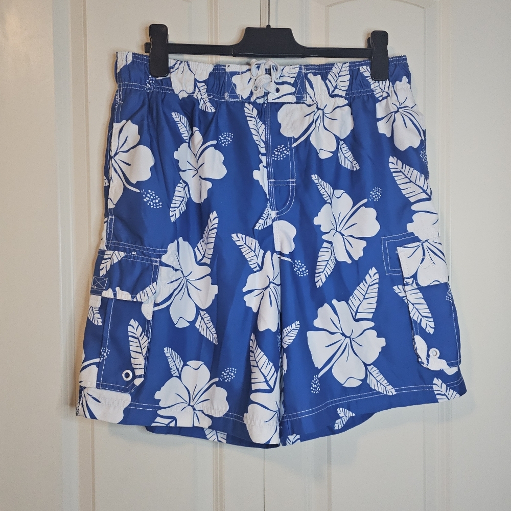 OP Ocean Pacific  Blue & White Swim Board Travel Vacation Shorts Sz L
